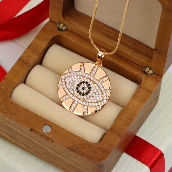 "Round Evil Eye Rose Gold Pendant with CZ Crystals and Shine Finish, XPPT1519 - Picture 7 of 13